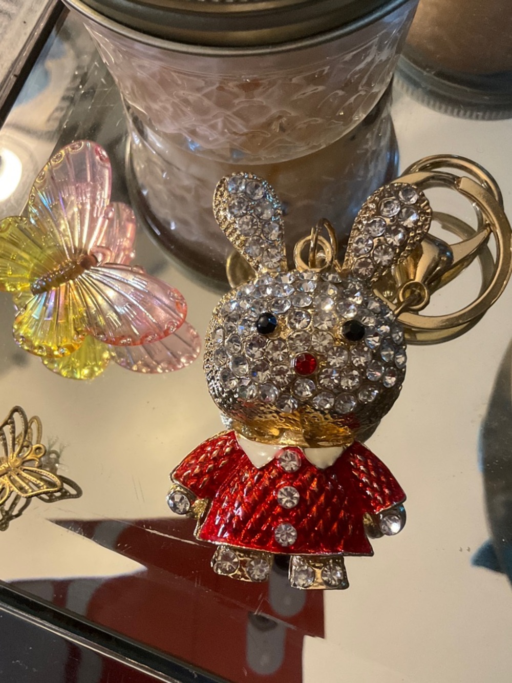 Crystal Bunny Keychain with Red Enamel Dress - Picture 2 of 6